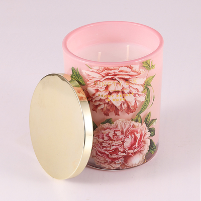 Frasco de vidro flor cor-de-rosa Scented da vela 415g que imprime com tampa do metal