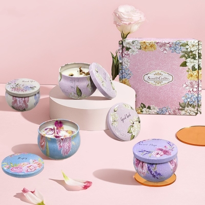 Grupo seco Scented personalizado do presente de Crystal Soy Wax Tin Candle da flor da marca própria