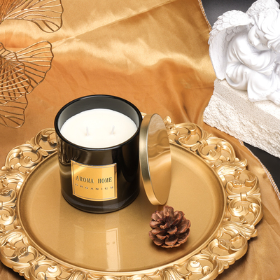 Marca própria dourada 14OZ 400g da vela da soja do perfume da cera da casa da garrafa de vidro do preto da tampa do metal