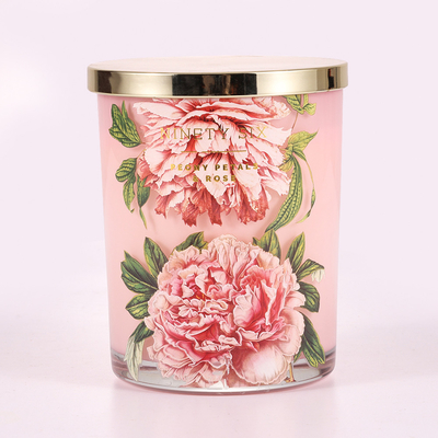 Frasco de vidro flor cor-de-rosa Scented da vela 415g que imprime com tampa do metal